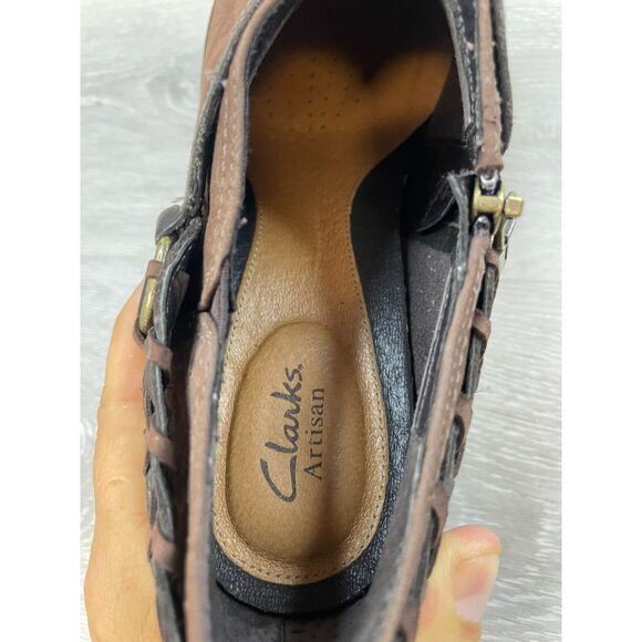 Clarks Artisan Mural Women's Bootie Ankle Clogs Heel Boot Leather 10 Brown Shoes - Picture 4 of 11